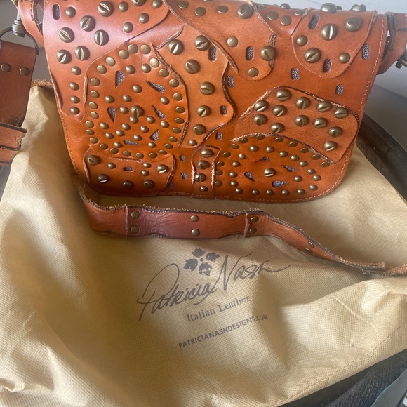 Patricia Nash Tan Italian Leather Studded Messenger Bag with Denim Accents - Picture 3 of 14